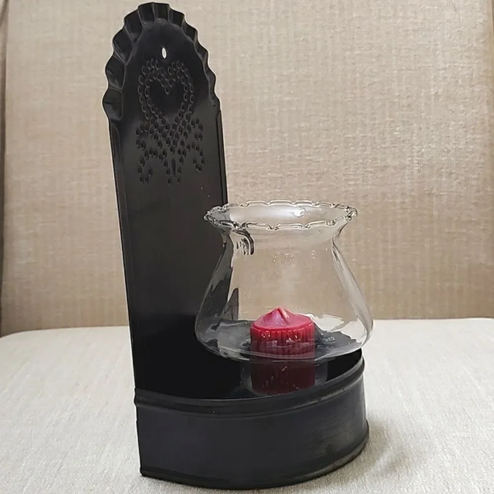 Metal Tin Punch Hurricane Candle Sconce Bronze Finish